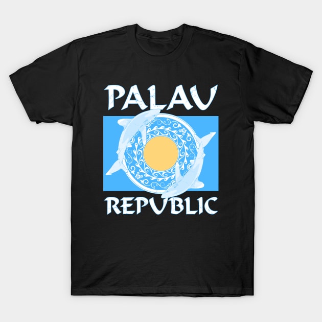 Palau Republic Flag with Oceanic Whitetip Sharks T-Shirt by NicGrayTees
